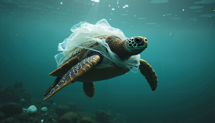 Sea Turtle Entangled in Plastic Bag Ocean Pollution Wildlife Crisis Image
