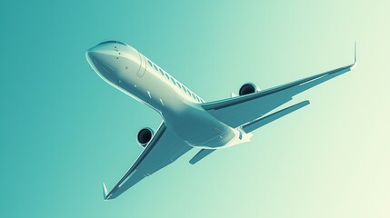 Obraz premium Illustration of a Detailed Passenger Airplane Flying Overhead with a Light Blue Sky Background, Airplane Soaring Through a Clear Light Blue Sky, Airplane photo Against a Clean Light Blue Gradient Sky