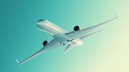 Obraz premium Illustration of a Detailed Passenger Airplane Flying Overhead with a Light Blue Sky Background, Airplane Soaring Through a Clear Light Blue Sky, Airplane photo Against a Clean Light Blue Gradient Sky