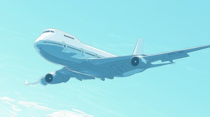 Illustration of a Detailed Passenger Airplane Flying Overhead with a Light Blue Sky Background, Airplane Soaring Through a Clear Light Blue Sky, Airplane photo Against a Clean Light Blue Gradient Sky