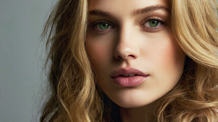 Naklejka premium Close-up of a woman with long, wavy blonde hair cascading over her shoulders