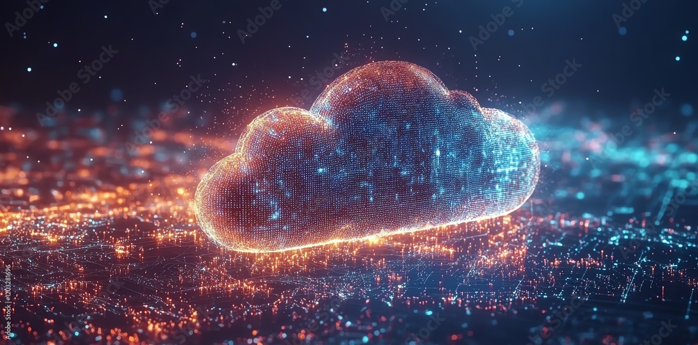 Poster digital cloud: glowing networked data in a futuristic cityscape