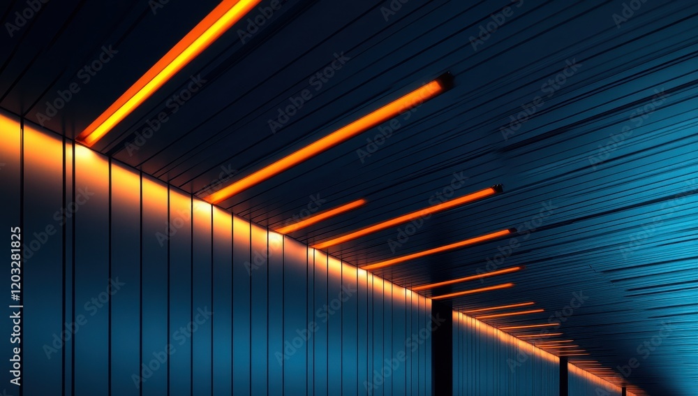 Poster Futuristic Abstract Lighting Design in Modern Architecture Featuring Glowing Orange and Blue Accents in a Sleek Linear Pattern Against a Dark Background