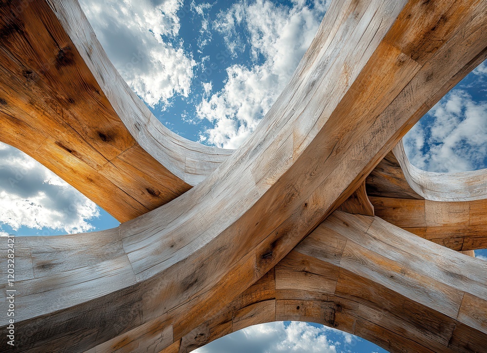 Poster intricate wooden architecture under a serene sky: stunning view from below capturing the unique curv