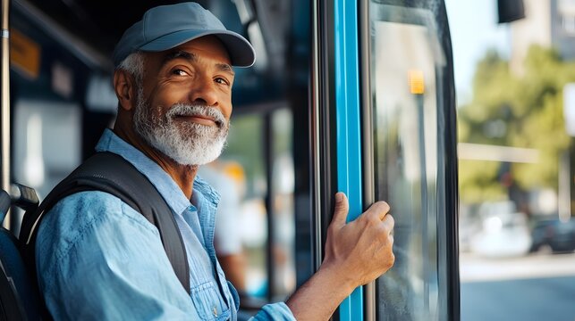 Senior Man Boarding Public Transportation Smiling