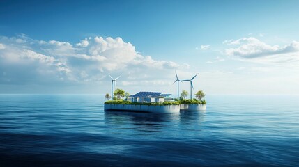 Obraz premium Ocean dwelling, sustainable home, wind turbines, solar panels.