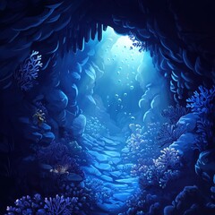 Submerged Pathway: An underwater cave reveals a mystical path leading into the deep ocean, surrounded by vibrant coral and teeming with marine life, creating an ethereal and enchanting scene. 