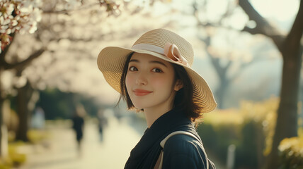 Fototapeta premium 春物のストローハットをおしゃれにかぶる日本人の若者、軽やかな春の装い