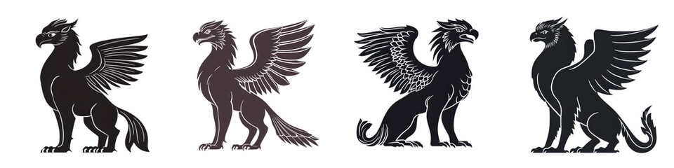 Fototapeta premium Set of powerful mythical creatures including griffon dragon and other winged beasts depicted in minimalist black and white silhouette These iconic fantasy symbols are perfect for use in logos