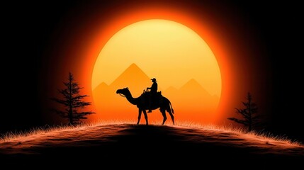 Silhouette of a camel and rider against a vibrant sunset with pyramids.