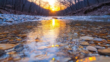 Sunset over shallow river, rocks, forest background, nature photography for website or calendar