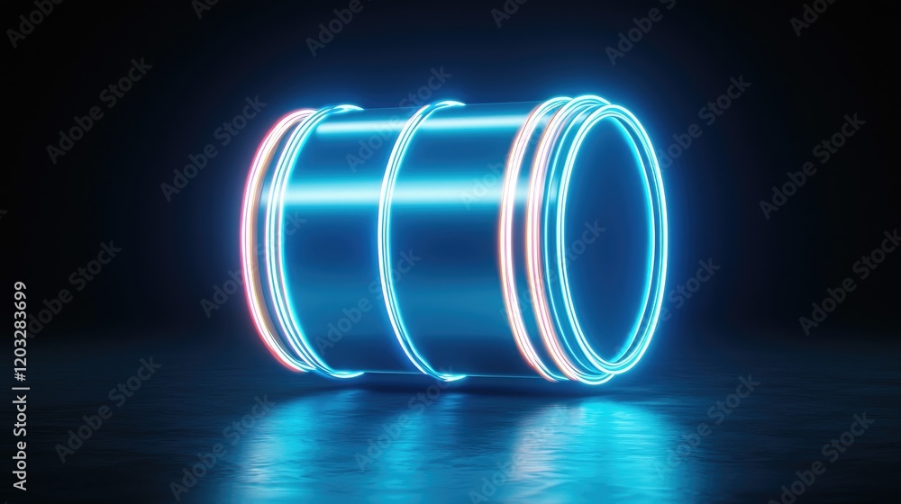 Poster dynamic neon barrel animation virtual studio 3d graphics dark environment low angle futuristic conce