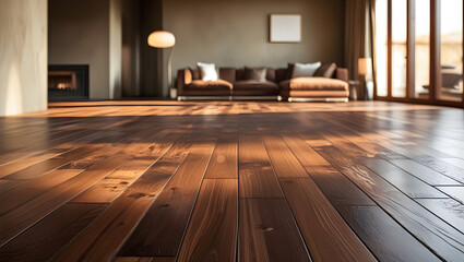 Luxury wooden flooring in modern living room interior with natural lighting and minimal furniture