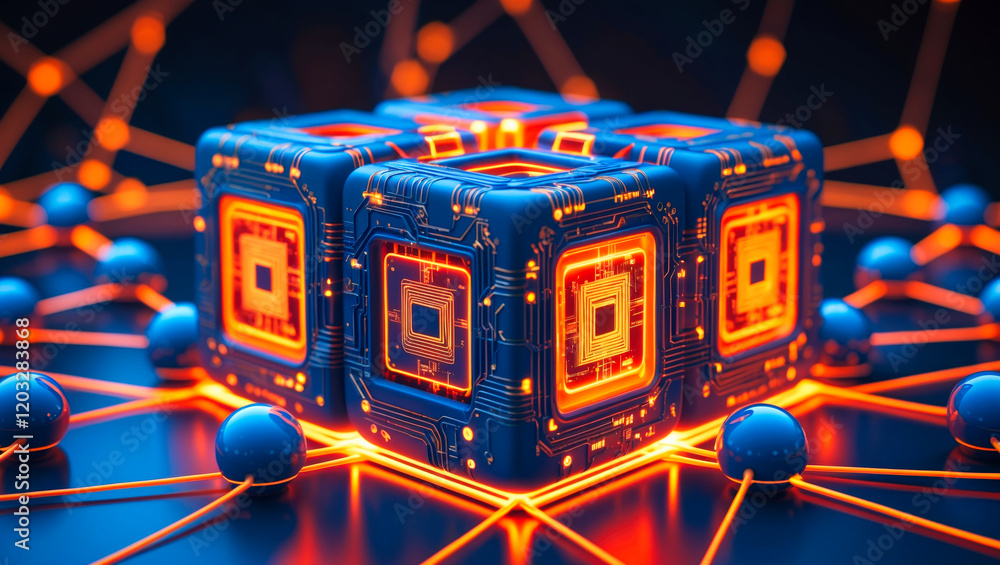 Poster an abstract futuristic, abstract technology 3d cubes structure, with intricate circuit patterns on t