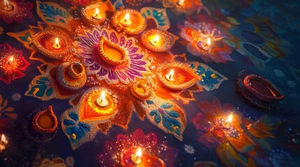 A vibrant Diwali celebration with colorful rangoli patterns and glowing oil lamps