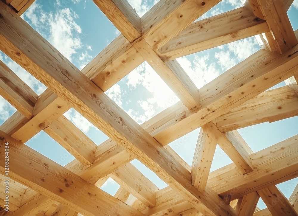 Aufkleber natural timber beams forming a structural framework with blue sky and clouds in background and intri