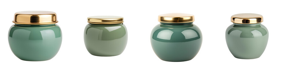 A set of four elegant minimalist green ceramic jars in a modern pastel color palette  These...