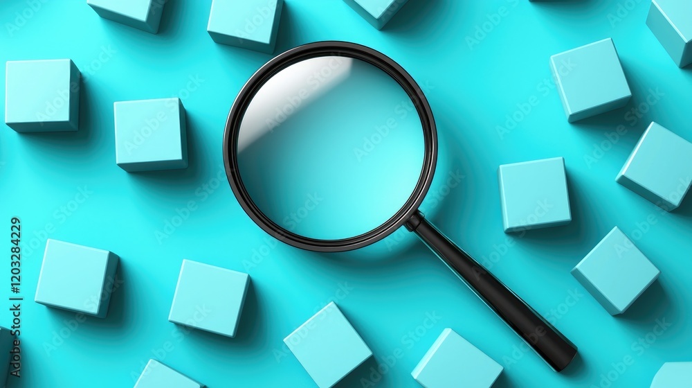 Poster analyzing objects with a magnifying glass studio conceptual photography blue background close-up cla