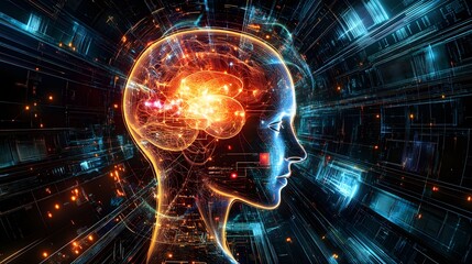 Dynamic flow of information symbols entering the human mind digital space abstract visualization futuristic side view conceptual art