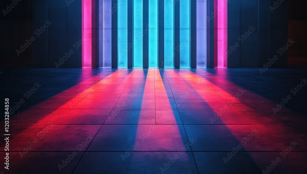 Poster vibrant neon light reflections in an abstract urban space with vertical lines and colorful shadows o