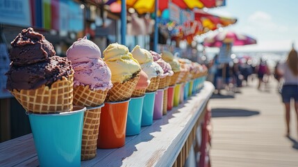 A vibrant gelato stand at a sunny boardwalk, offering scoops in colorful waffle cones
