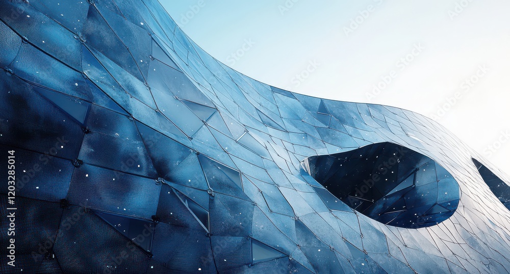 Poster abstract architectural design featuring a smooth, flowing glass facade with geometric patterns and a