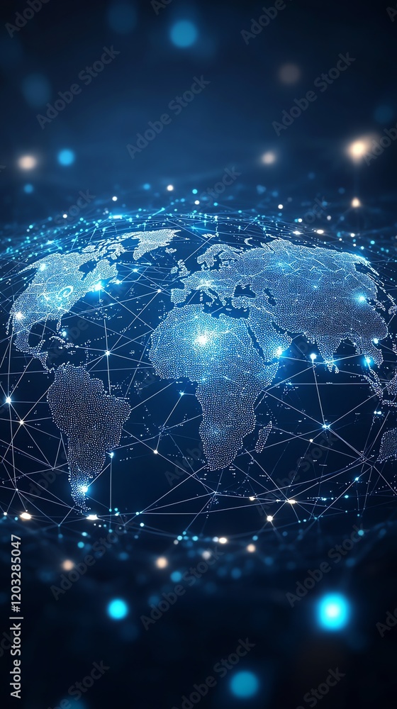 Poster global network: a luminous blue world map with interconnected nodes