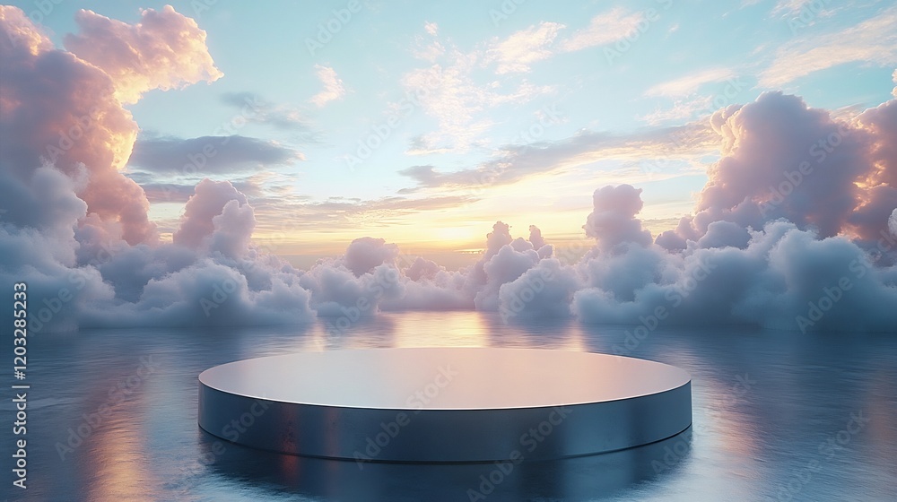 Poster metallic silver 3d podium with delicate clouds floating in the background set in a futuristic empty 