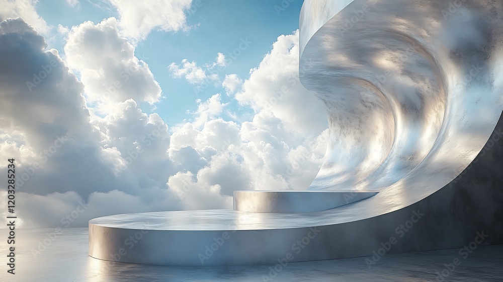 Poster metallic silver 3d podium with delicate clouds floating in the background set in a futuristic empty 