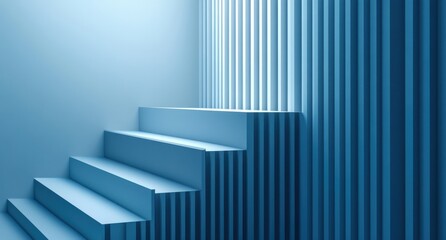 Obraz premium Abstract Blue Staircase with Vertical Lines and Soft Lighting, Creating a Modern and Minimalist Interior Design Aesthetic for Contemporary Architecture Backgrounds