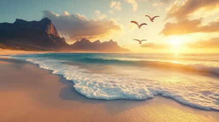 Fototapeta premium Serene Sunset Beach Scene With Mountain And Birds