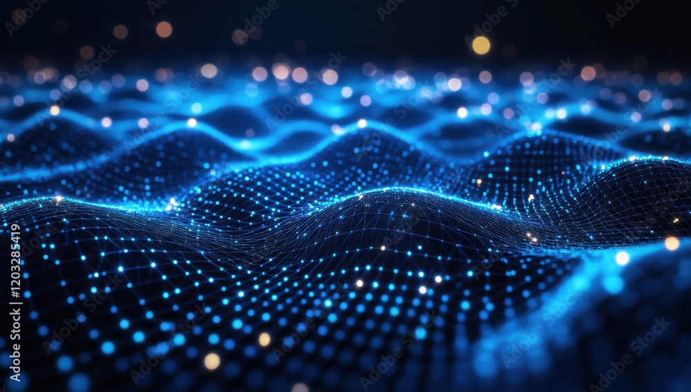 Poster abstract digital landscape with glowing blue particles and waves representing technology, data, and 