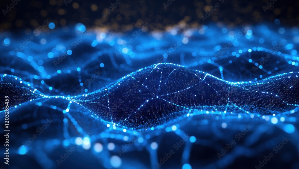 Poster abstract digital landscape featuring glowing particles and interconnected lines creating a futuristi