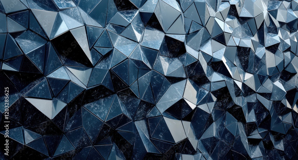 Poster abstract geometric wall of reflective triangular shapes with deep shadows and highlights, creating a