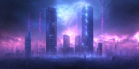 Obraz premium Cyberpunk Cityscape: Neon Towers and Dreamlike Sky