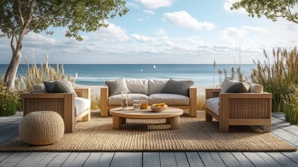 Obraz premium Scandinavian-Inspired Beach Lounge with Light Wood and Geometric Decor