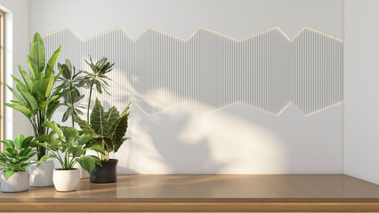 Modern empty room with a raised wooden floor and white slat wall, Curved wall with hidden lighting. There is a green indoor plant on the side. 3D rendering