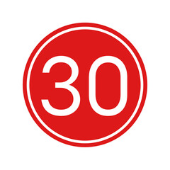 Rounded traffic signal in red and white, isolated on transparent background. Minimum speed of thirty. 