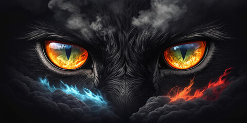 Demon eyes glowing colorful fire flame in eyes in cloud on solid dark background