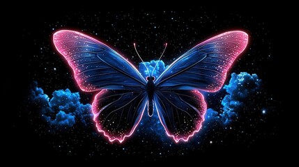 Colorful butterfly with neon accents on dark background.