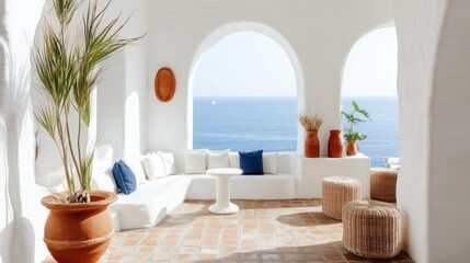 Obraz premium Mediterranean-Style Beach Lounge with Arched Windows and Blue Accents