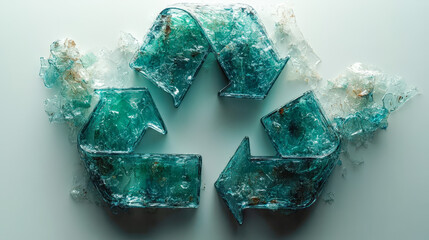 Recycling symbol made of broken glass with scattered shards