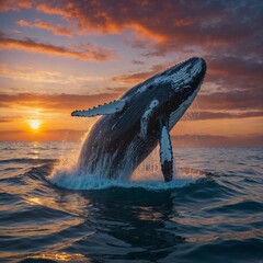 A majestic whale breaching under a vibrant sunrise.