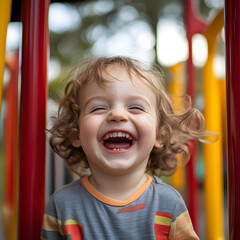 Smiling toddler playing joyfully on a playground swing in the park, enjoying childhood fun