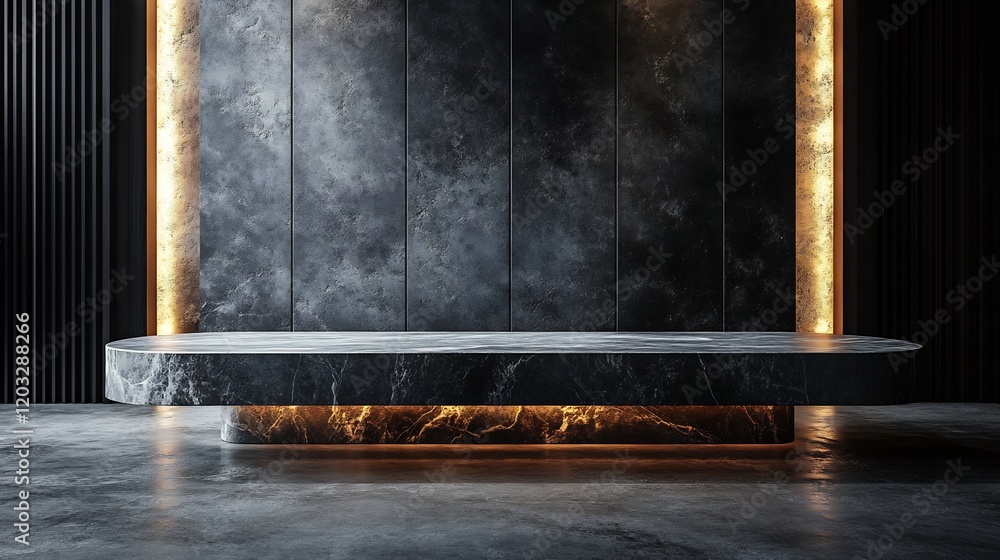 Poster minimalist 3d product table set in an empty studio against a sleek black wall featuring a concrete d