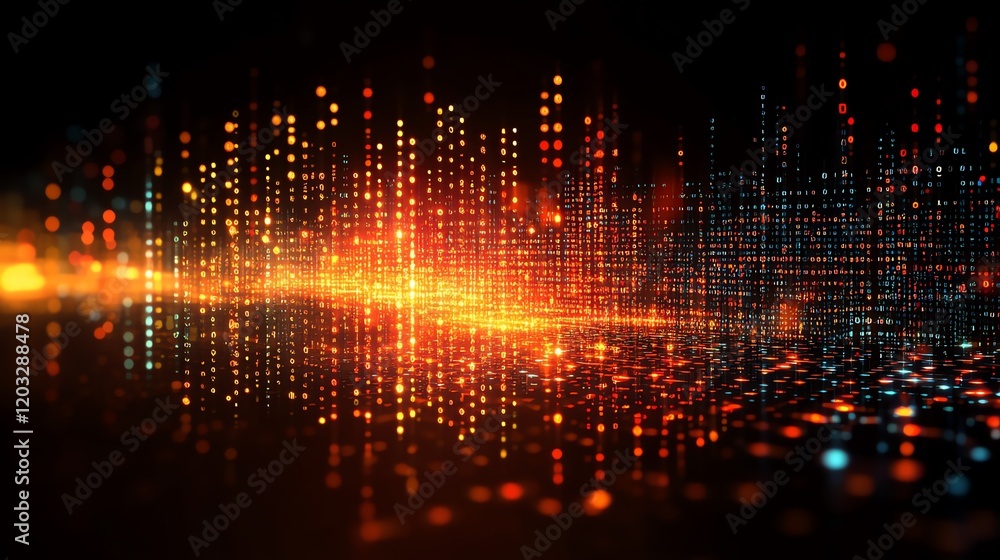 Poster digital cityscape: glowing binary data in fiery hues