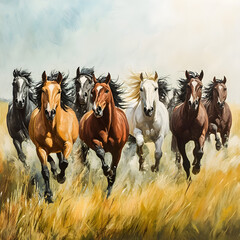 A herd of brown horses grazes in a lush green pasture, enjoying the summer sun