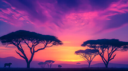Fototapeta premium Tranquil sunset silhouettes of elephants in the african savanna