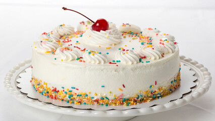 Pound cake sprinkled with rainbow sugar on a white background