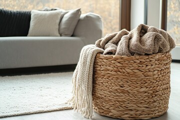 Obraz premium A large woven basket filled with soft throw blankets, placed beside a modern sofa in a cozy space